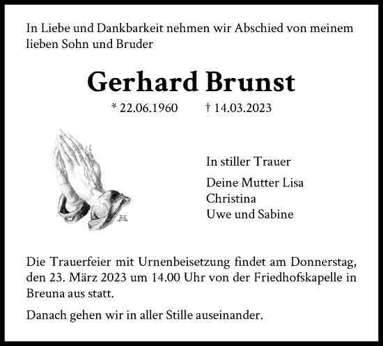 Traueranzeige von Gerhard Brunst von HNA