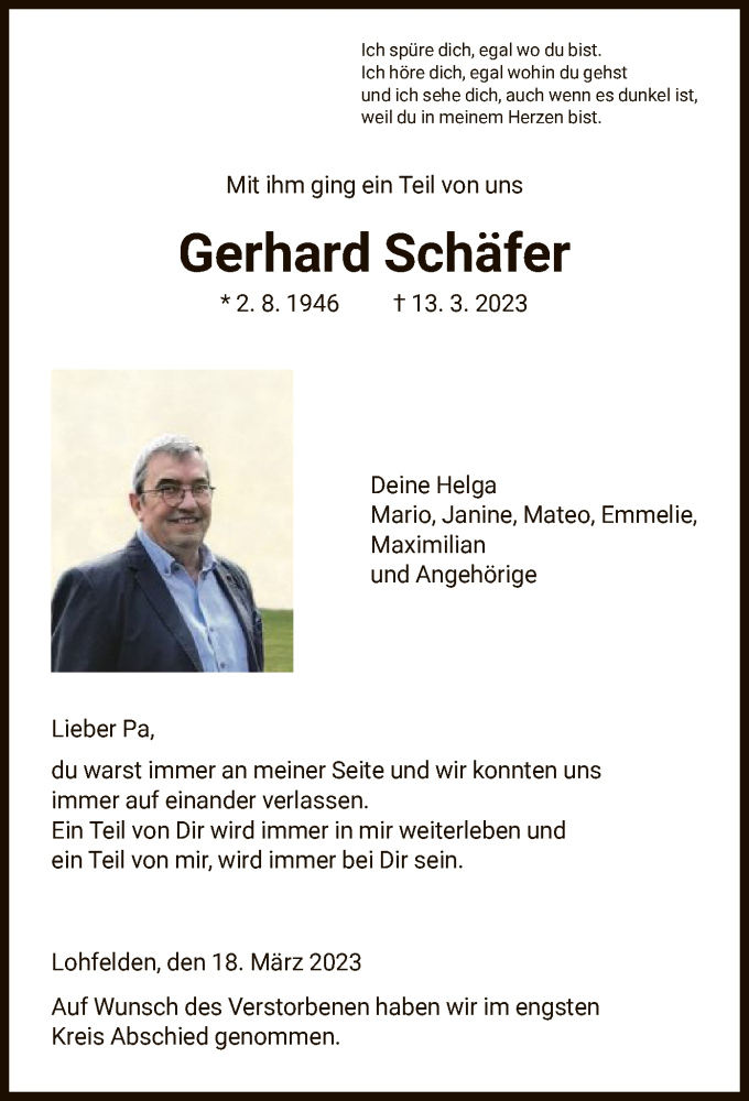  Traueranzeige für Gerhard Schäfer vom 18.03.2023 aus HNA
