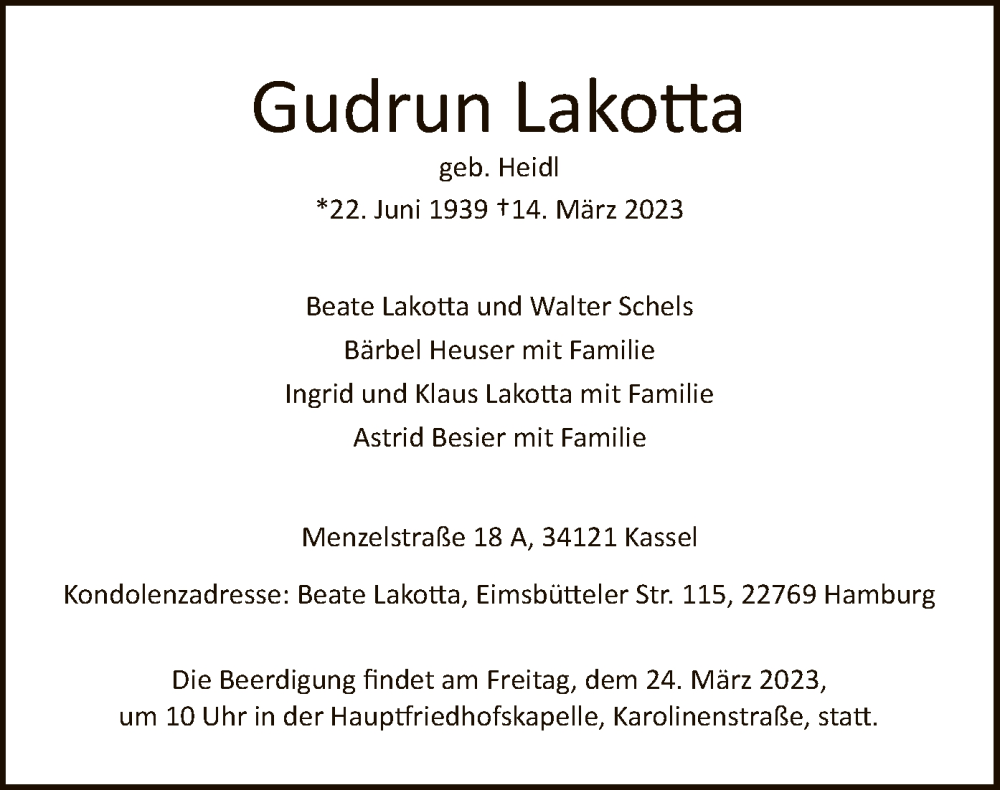  Traueranzeige für Gudrun Lakotta vom 18.03.2023 aus HNA