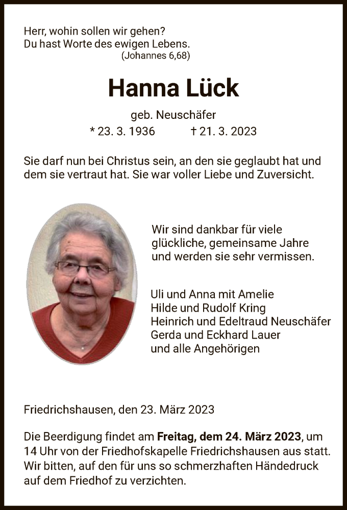  Traueranzeige für Hanna Lück vom 23.03.2023 aus HNA