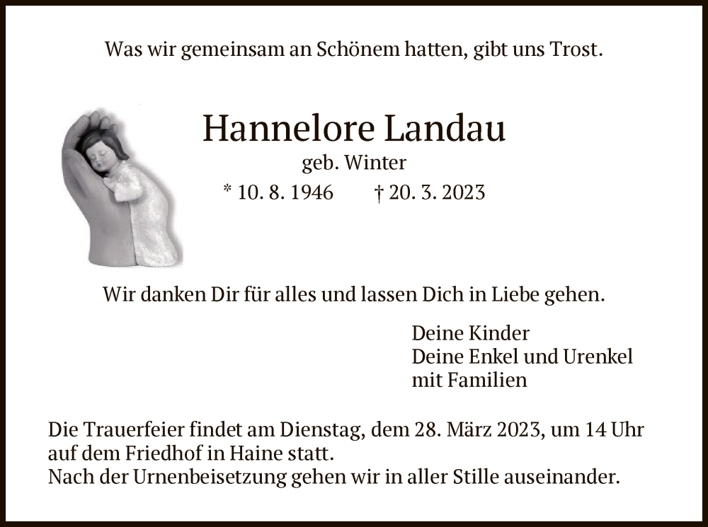  Traueranzeige für Hannelore Landau vom 27.03.2023 aus HNA