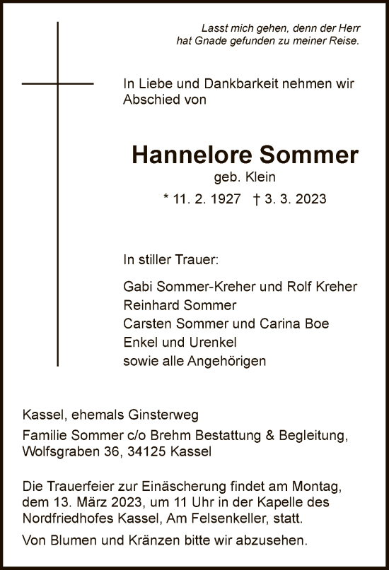 Traueranzeige von Hannelore Sommer von HNA