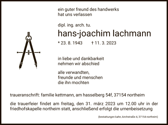 Traueranzeige von Hans-Joachim Lachmann von HNA