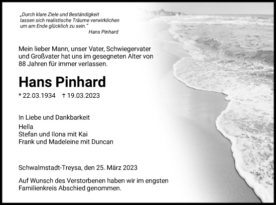 Traueranzeige von Hans Pinhard von HNA