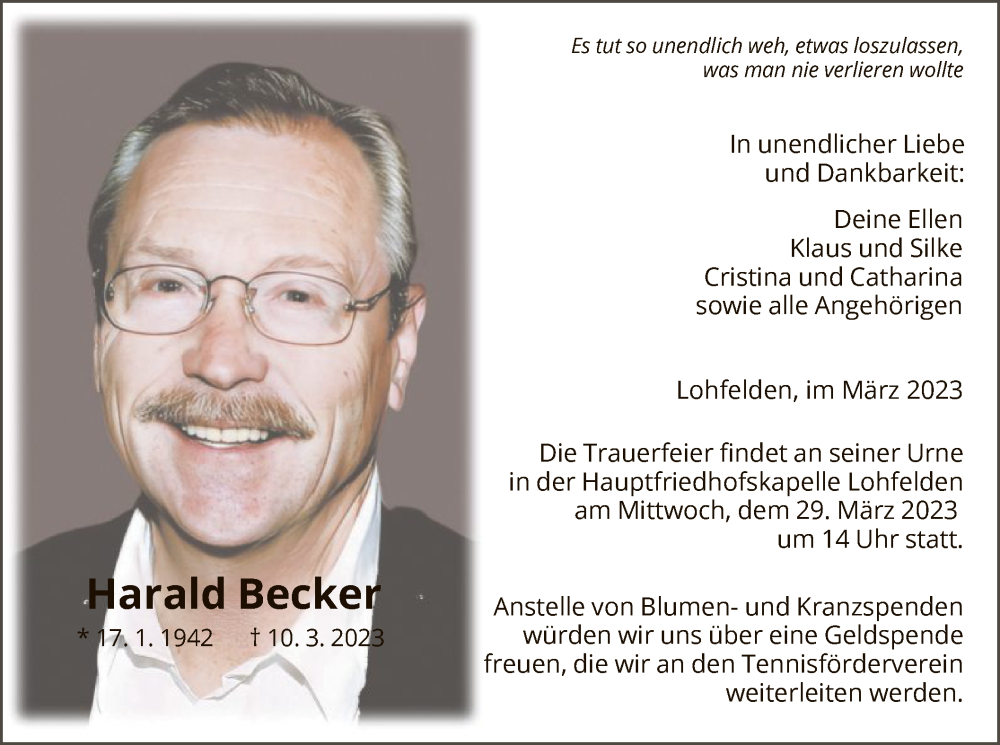  Traueranzeige für Harald Becker vom 25.03.2023 aus HNA