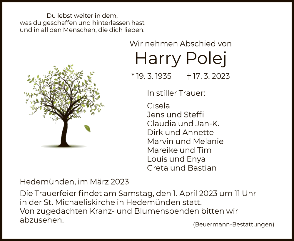  Traueranzeige für Harry Polej vom 25.03.2023 aus HNA