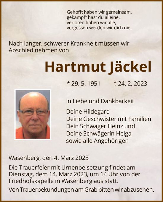 Traueranzeige von Hartmut Jäckel von HNA