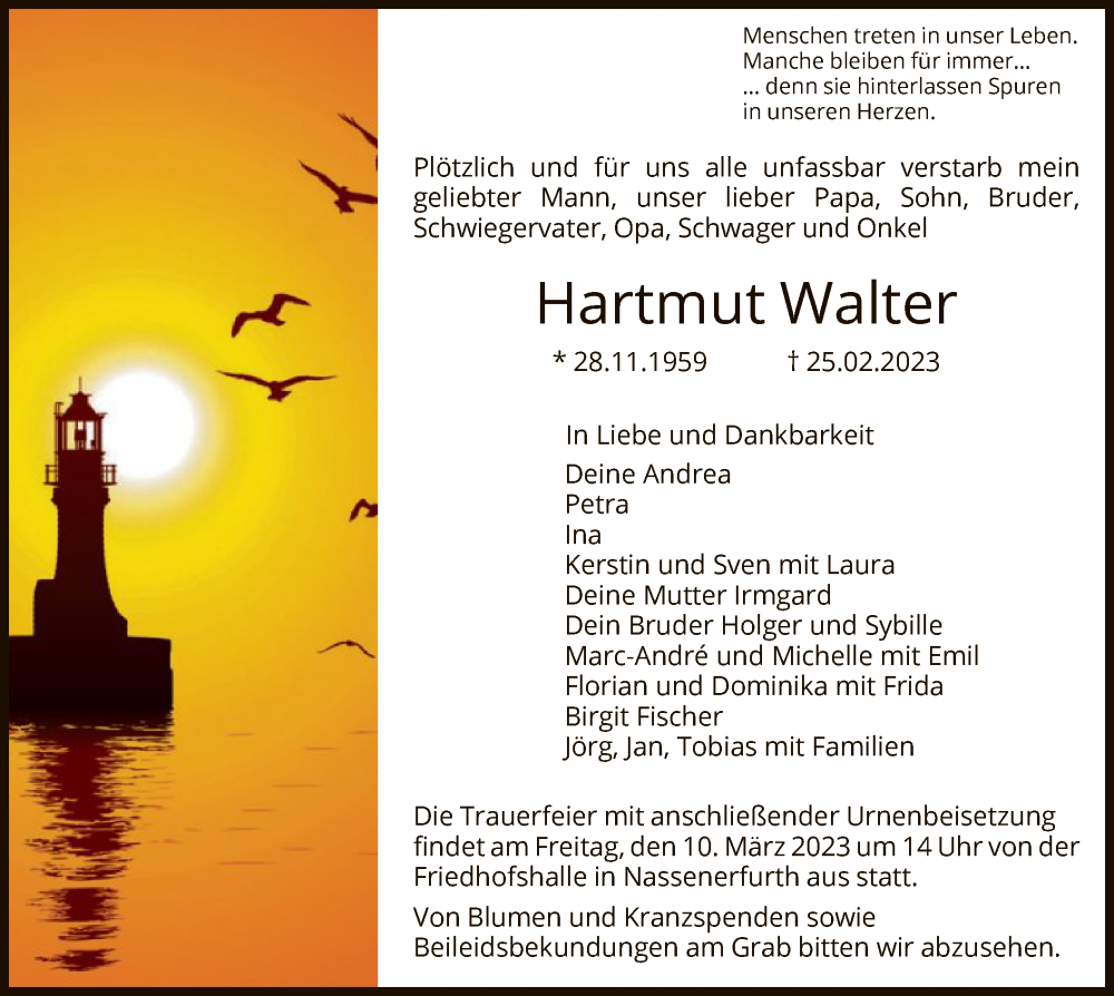  Traueranzeige für Hartmut Walter vom 07.03.2023 aus HNA