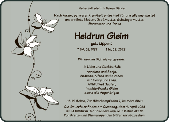 Traueranzeige von Heidrun Gleim von HNA