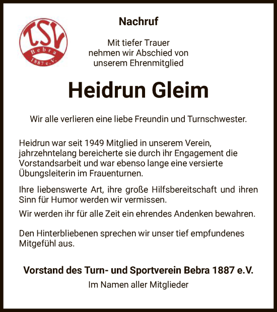 Traueranzeige von Heidrun Gleim von HNA