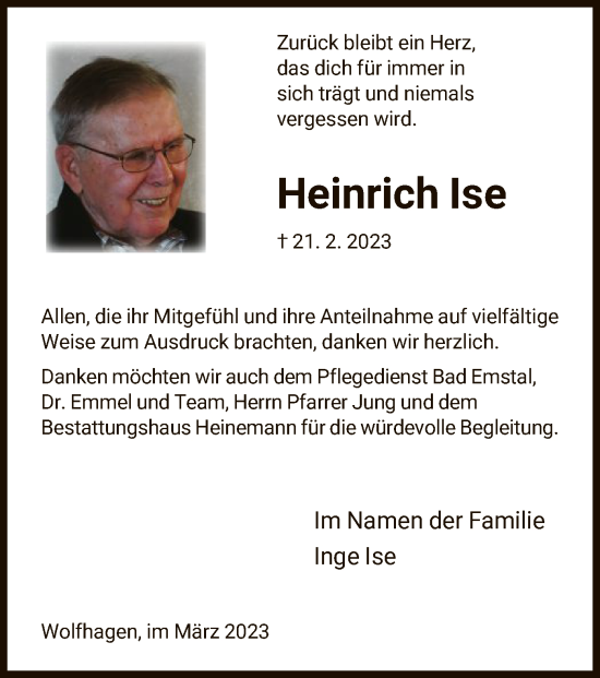Traueranzeige von Heinrich Ise von HNA