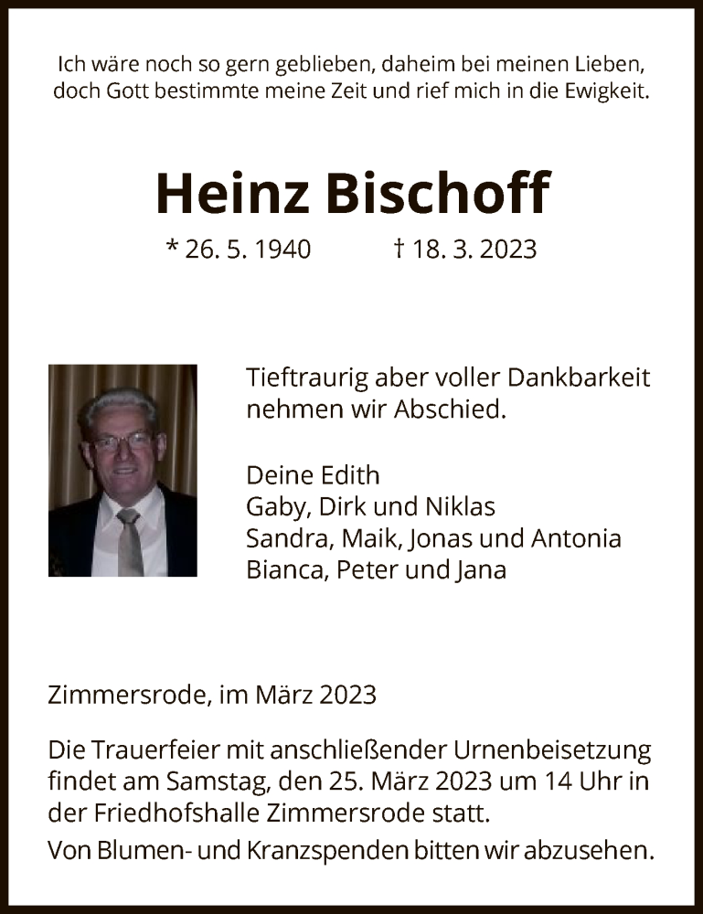  Traueranzeige für Heinz Bischoff vom 21.03.2023 aus HNA