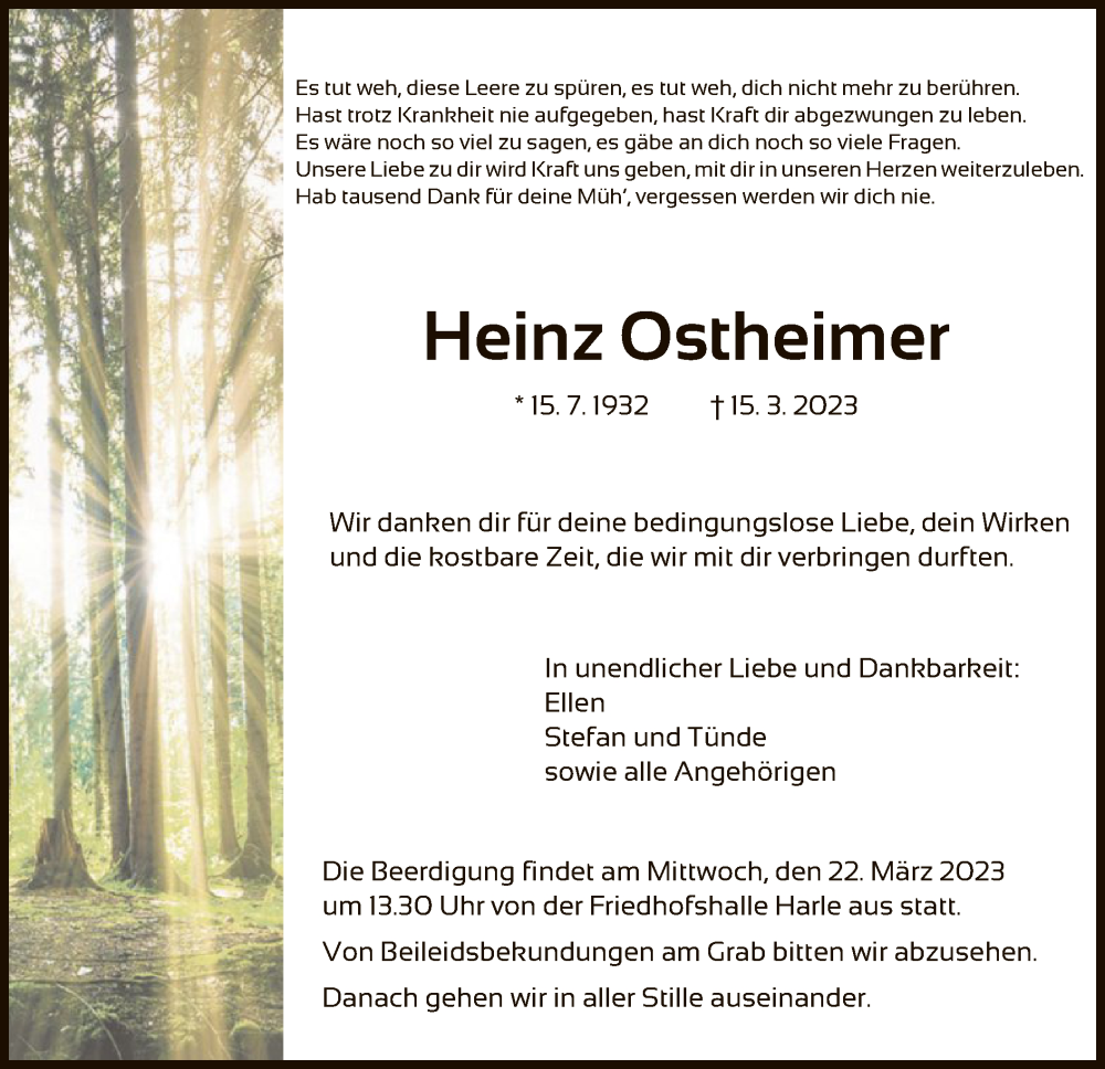  Traueranzeige für Heinz Ostheimer vom 20.03.2023 aus HNA