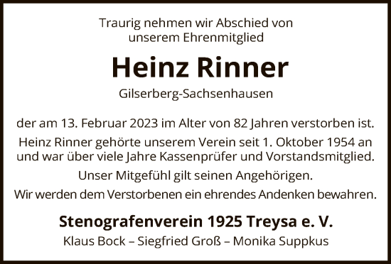 Traueranzeigen von Heinz Rinner Trauer.HNA.de