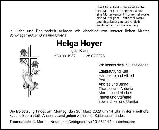 Traueranzeige von Helga Hoyer von HNA