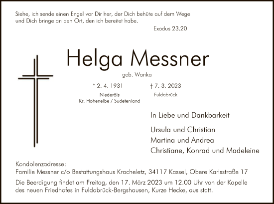 Traueranzeige von Helga Messner von HNA