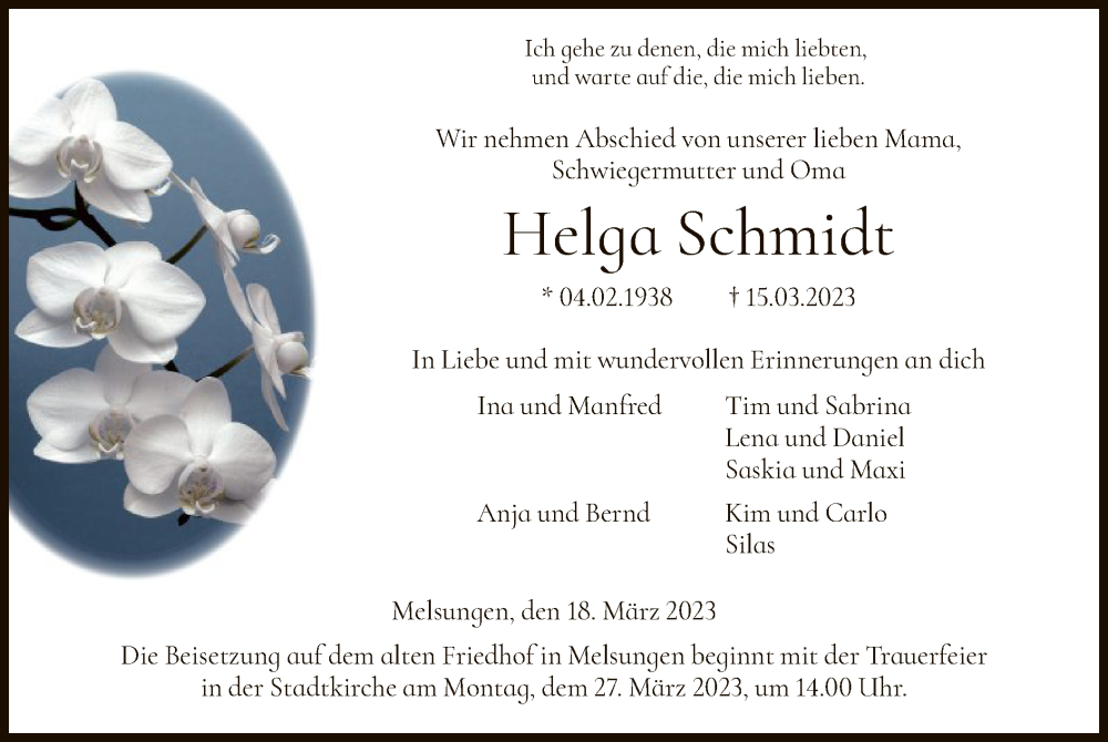  Traueranzeige für Helga Schmidt vom 18.03.2023 aus HNA