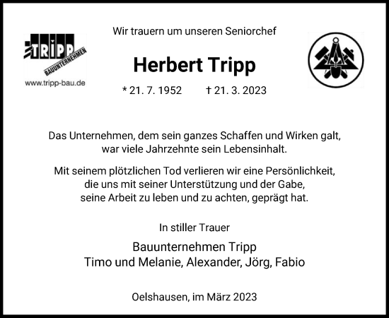 Traueranzeige von Herbert Tripp von HNA