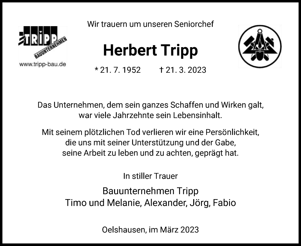  Traueranzeige für Herbert Tripp vom 25.03.2023 aus HNA