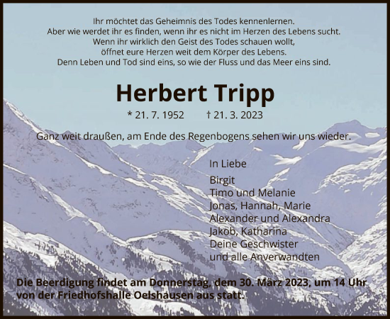 Traueranzeige von Herbert Tripp von HNA