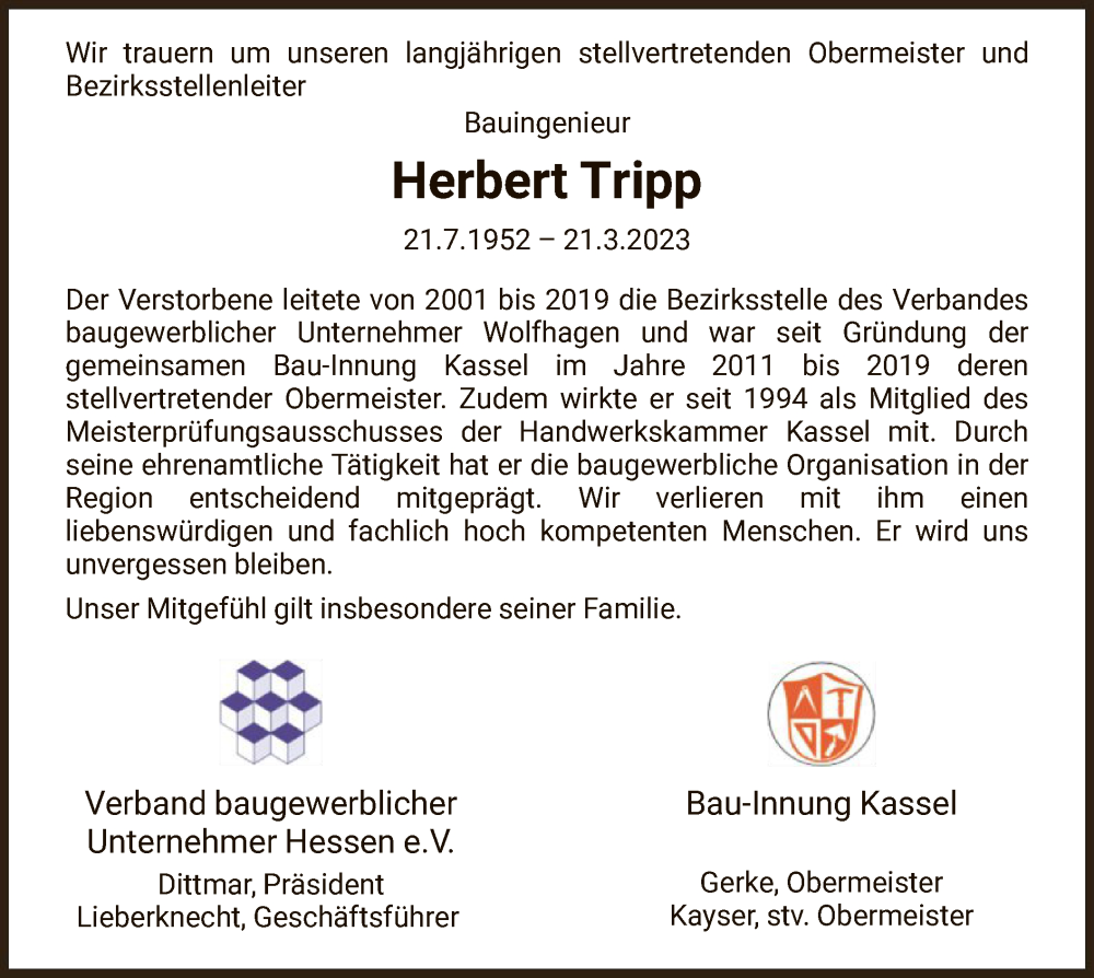  Traueranzeige für Herbert Tripp vom 25.03.2023 aus HNA