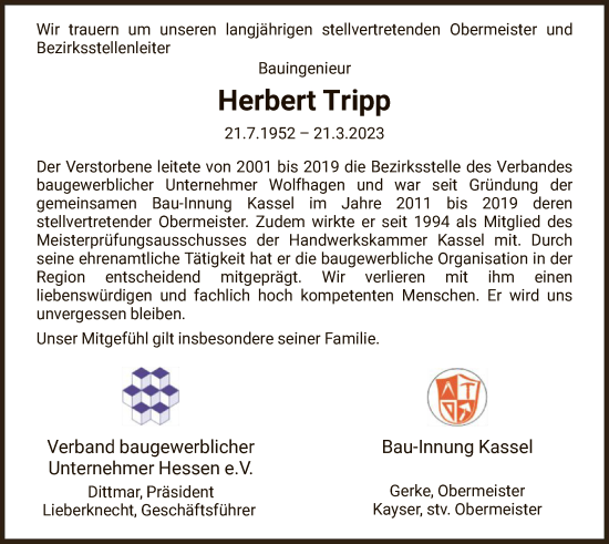 Traueranzeige von Herbert Tripp von HNA