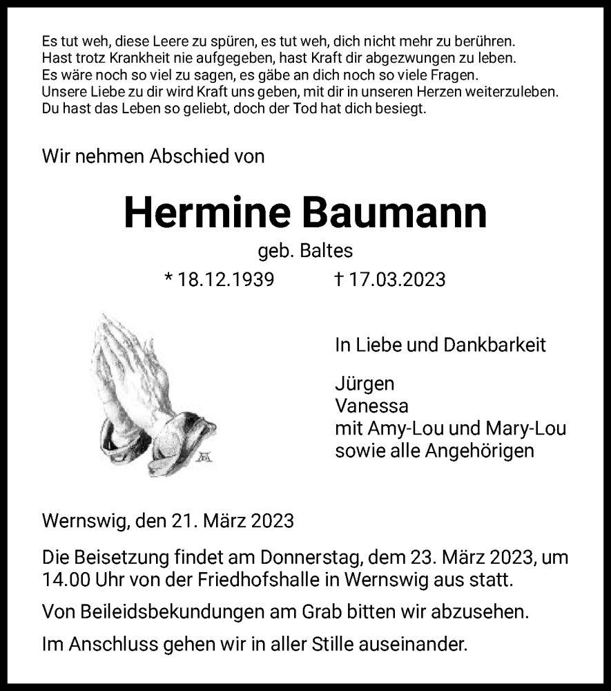  Traueranzeige für Hermine Baumann vom 21.03.2023 aus HNA