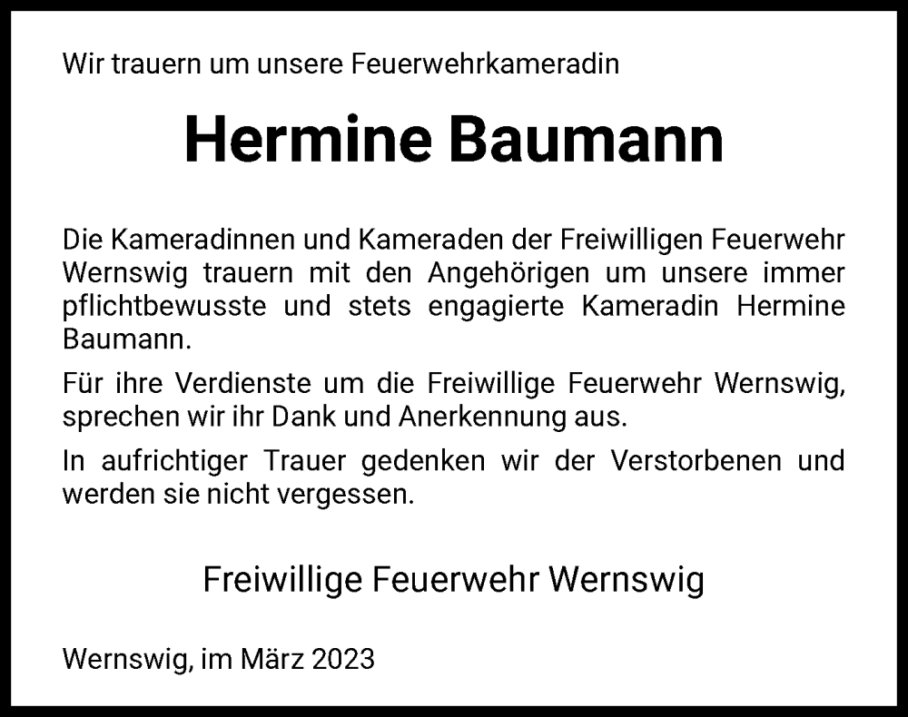  Traueranzeige für Hermine Baumann vom 23.03.2023 aus HNA