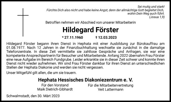 Traueranzeige von Hildegard Förster von HNA