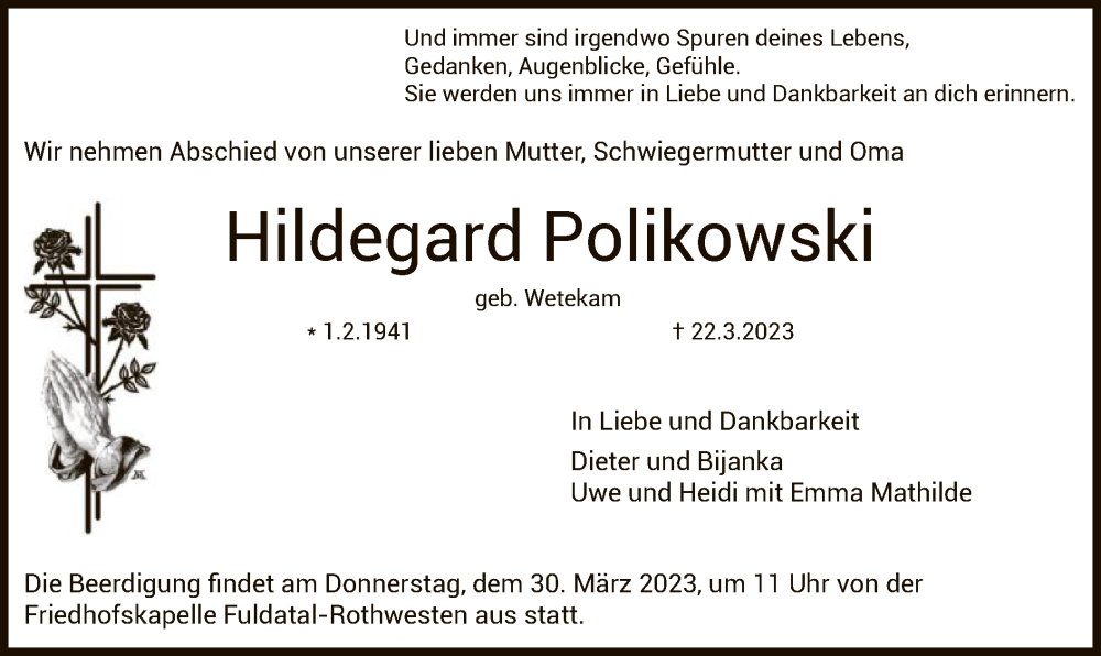  Traueranzeige für Hildegard Polikowski vom 25.03.2023 aus HNA