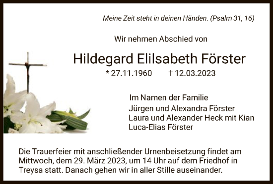 Traueranzeige von Hildegard Elilsabeth Förster von HNA