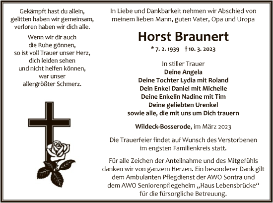 Traueranzeige von Horst Braunert von HNA