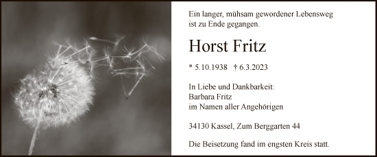 Traueranzeige von Horst Fritz von HNA