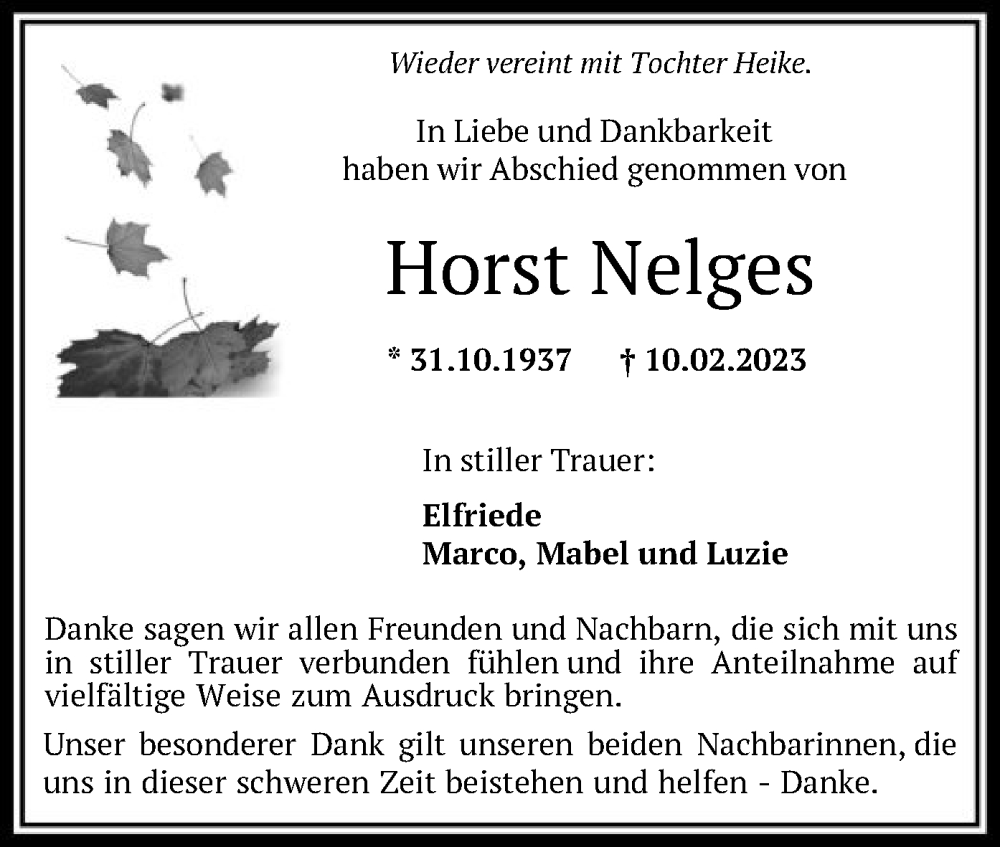  Traueranzeige für Horst Nelges vom 25.03.2023 aus HNA