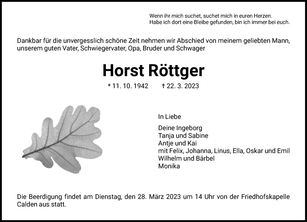  Traueranzeige für Horst Röttger vom 25.03.2023 aus HNA