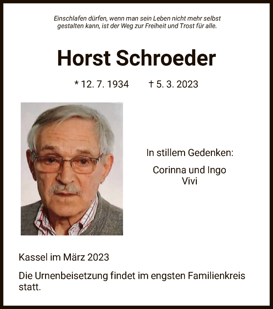  Traueranzeige für Horst Schroeder vom 11.03.2023 aus HNA