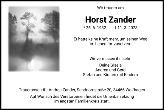Traueranzeige von Horst Zander von HNA