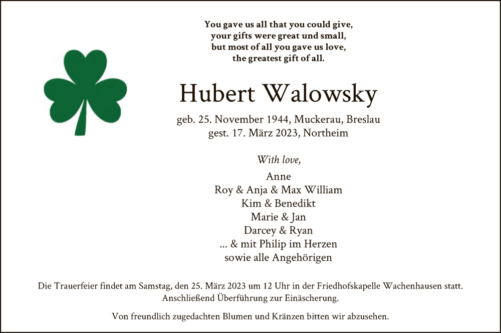  Traueranzeige für Hubert Walowsky vom 21.03.2023 aus HNA