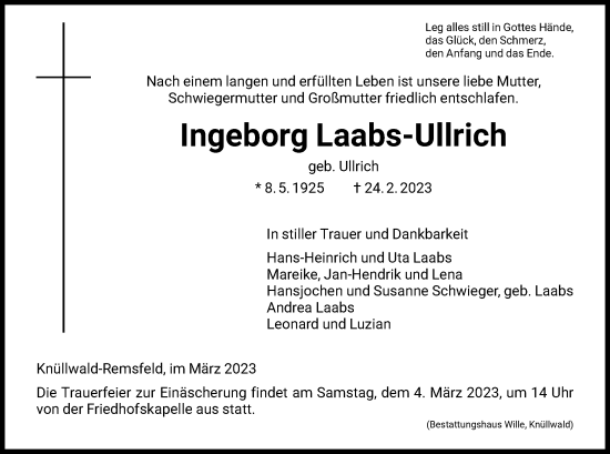 Traueranzeige von Ingeborg Laabs-Ullrich von HNA