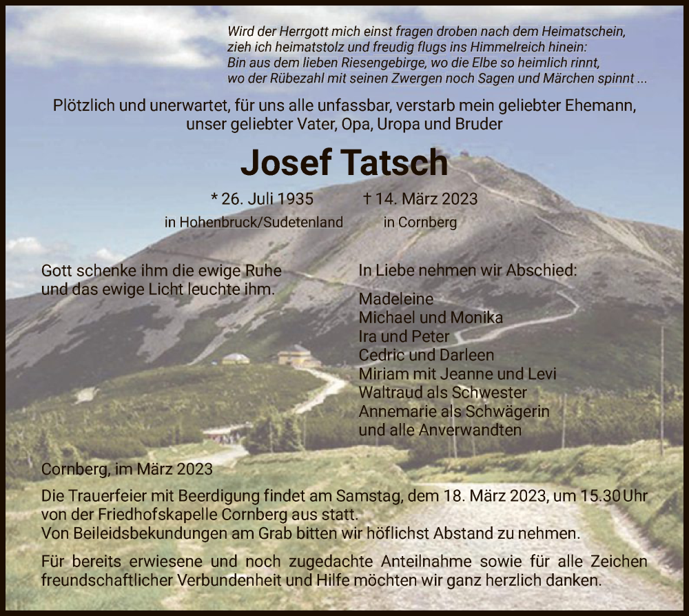  Traueranzeige für Josef Tatsch vom 17.03.2023 aus HNA