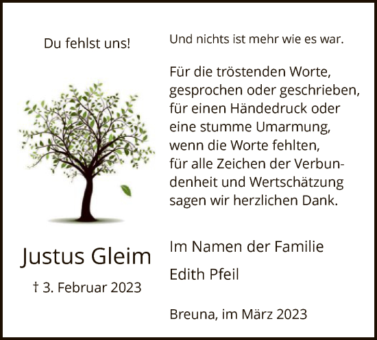 Traueranzeige von Justus Gleim von HNA