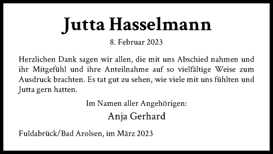 Traueranzeige von Jutta Hasselmann von HNA