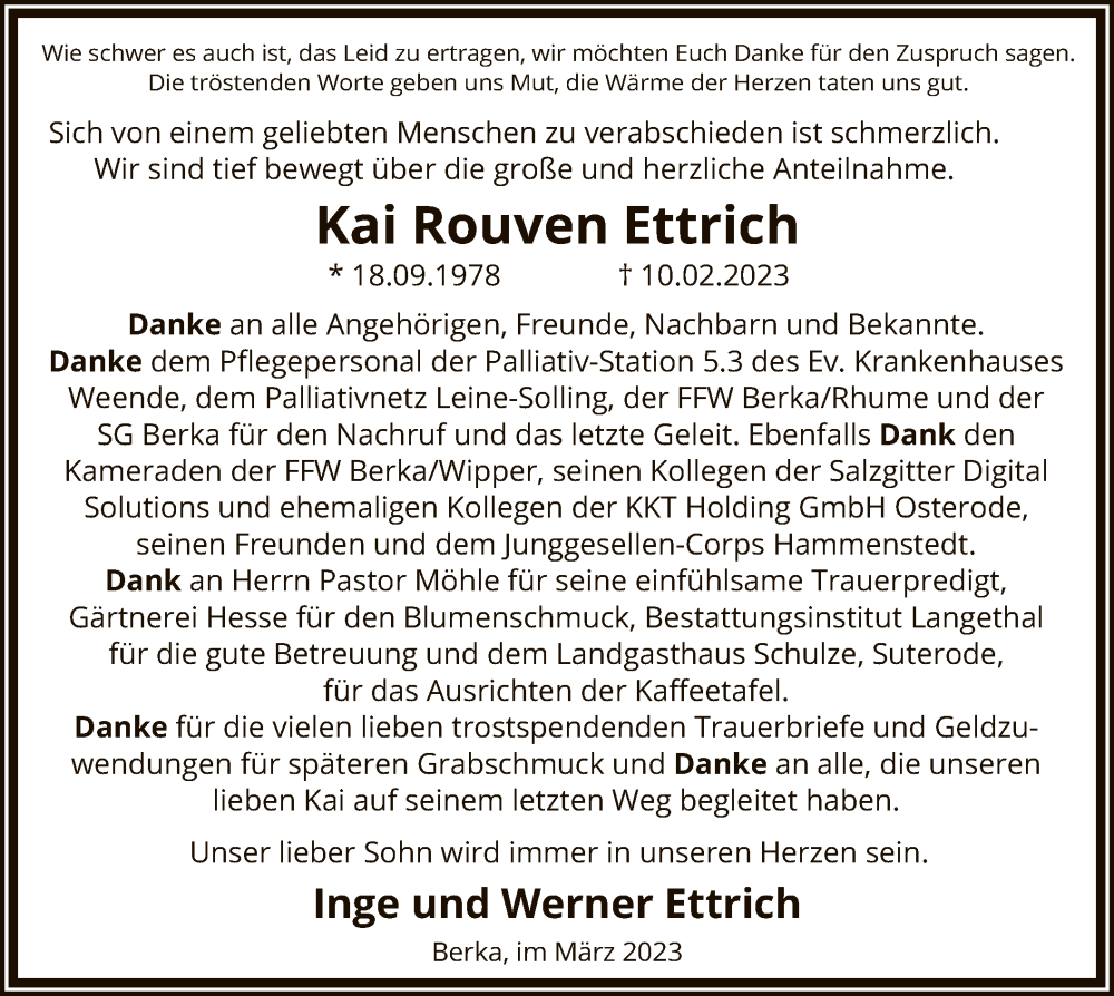  Traueranzeige für Kai Rouven Ettrich vom 25.03.2023 aus HNA