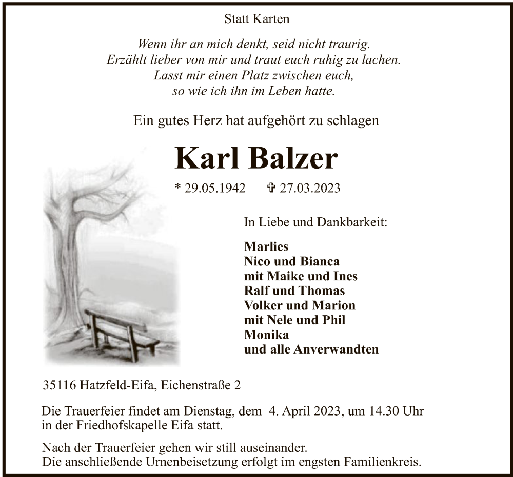  Traueranzeige für Karl Balzer vom 29.03.2023 aus HNA