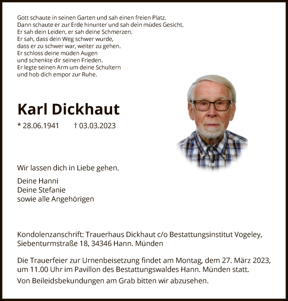  Traueranzeige für Karl Dickhaut vom 11.03.2023 aus HNA
