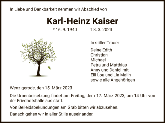 Traueranzeige von Karl-Heinz Kaiser von HNA