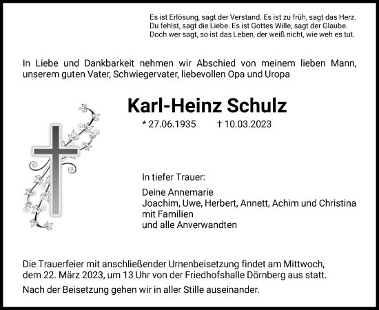 Traueranzeige von Karl-Heinz Schulz von HNA