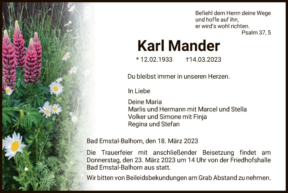  Traueranzeige für Karl Mander vom 18.03.2023 aus HNA