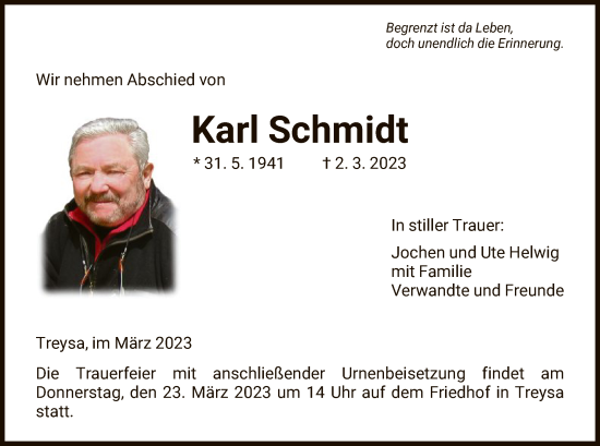 Traueranzeige von Karl Schmidt von HNA