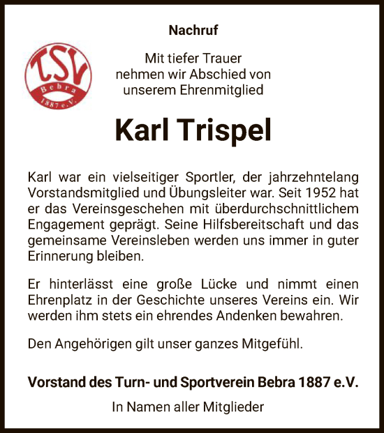 Traueranzeige von Karl Trispel von HNA